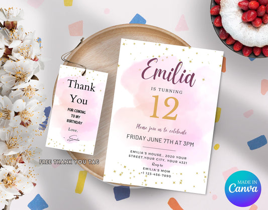 Editable Watercolour Pink Invitation Template, Printable Rainbow Colourful Party Invitation, Watercolour Pink Birthday Invitation, For Girl