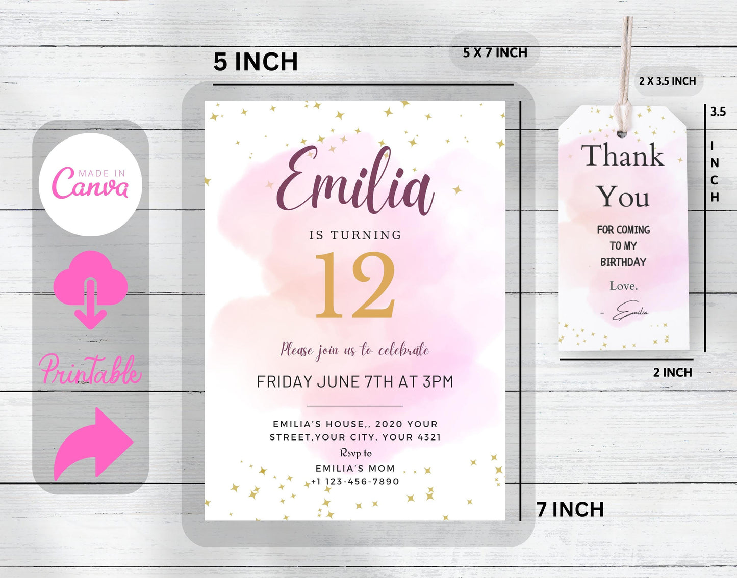 Editable Watercolour Pink Invitation Template, Printable Rainbow Colourful Party Invitation, Watercolour Pink Birthday Invitation, For Girl