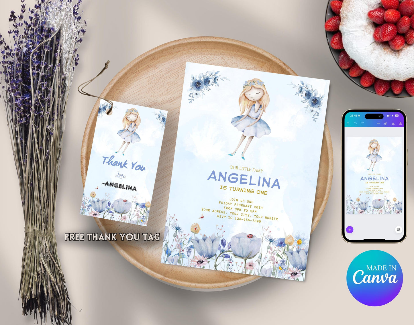 EDITABLE Magic Girl Birthday Invitation, Printable Fairy Flowers watercolor Invitation, Magical Blue Gold Birthday Girl Invitation Template