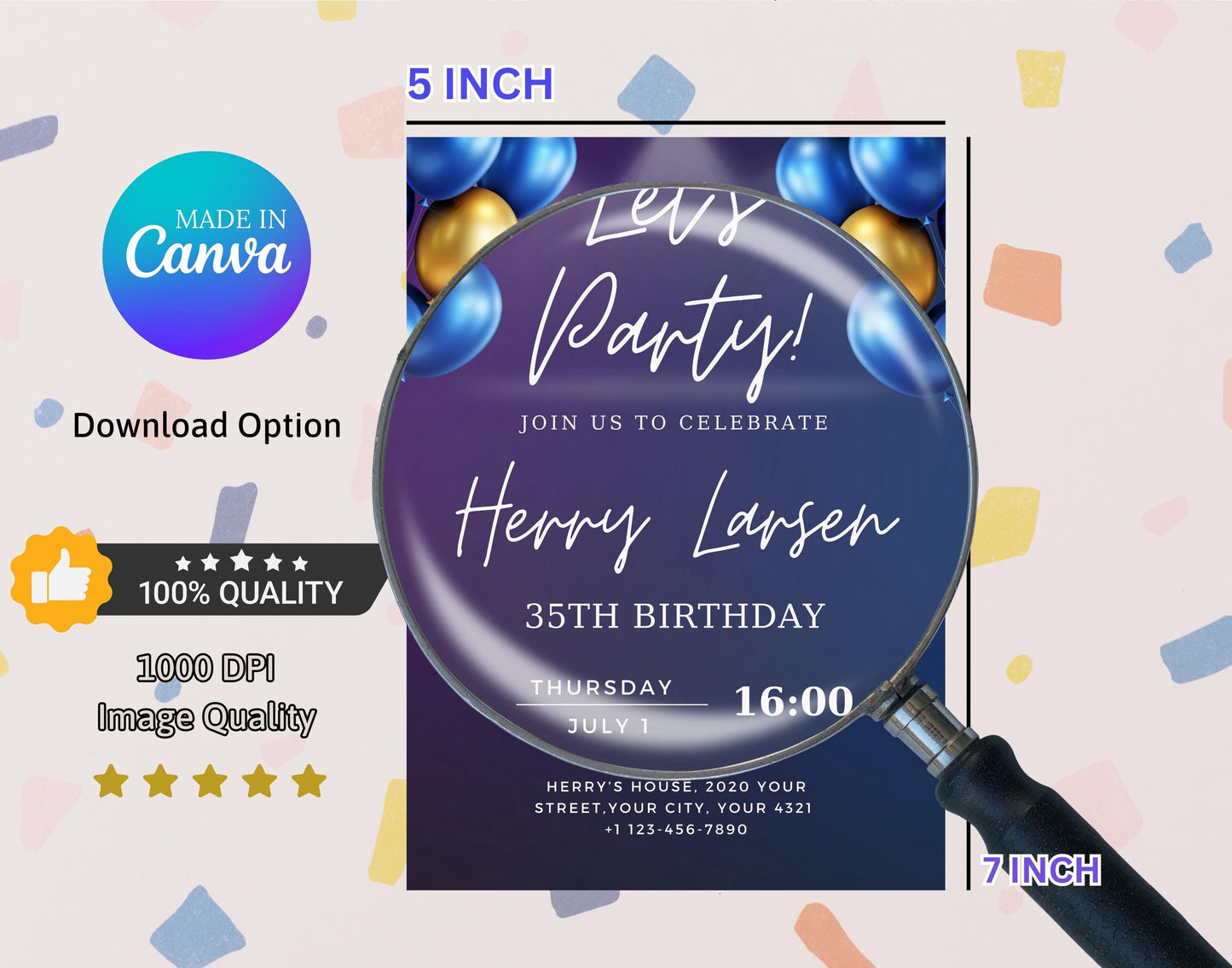 Editable Navy Blue Balloons Birthday Invitation Template, Printable Let's Party Purple Birthday Party Invite, Adult Invite, Instant Download