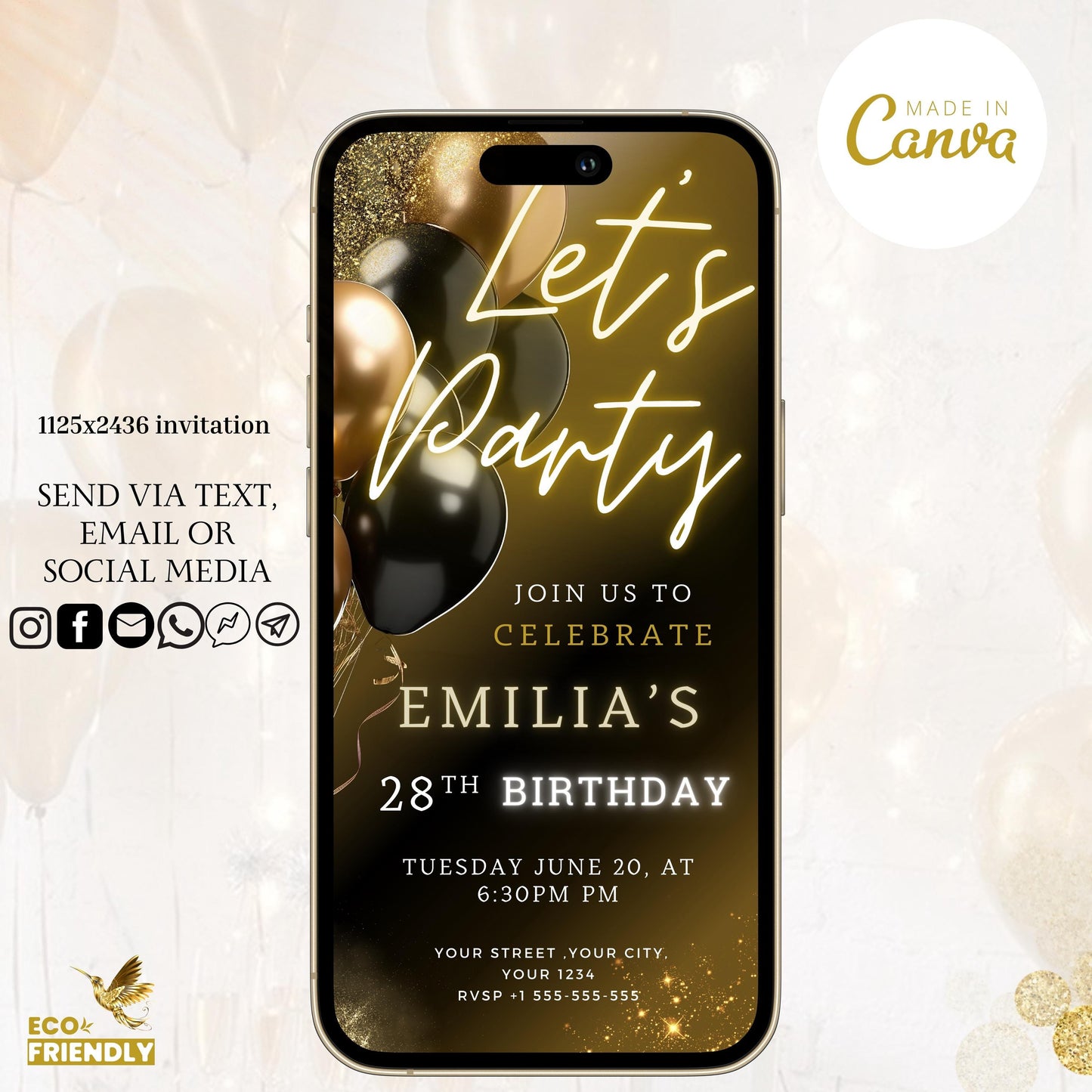 Digital Black Gold Birthday Party Invitation, Black Gold Glitter Editable Template, Any Age Evite Instant Download, Phone Birthday Evite