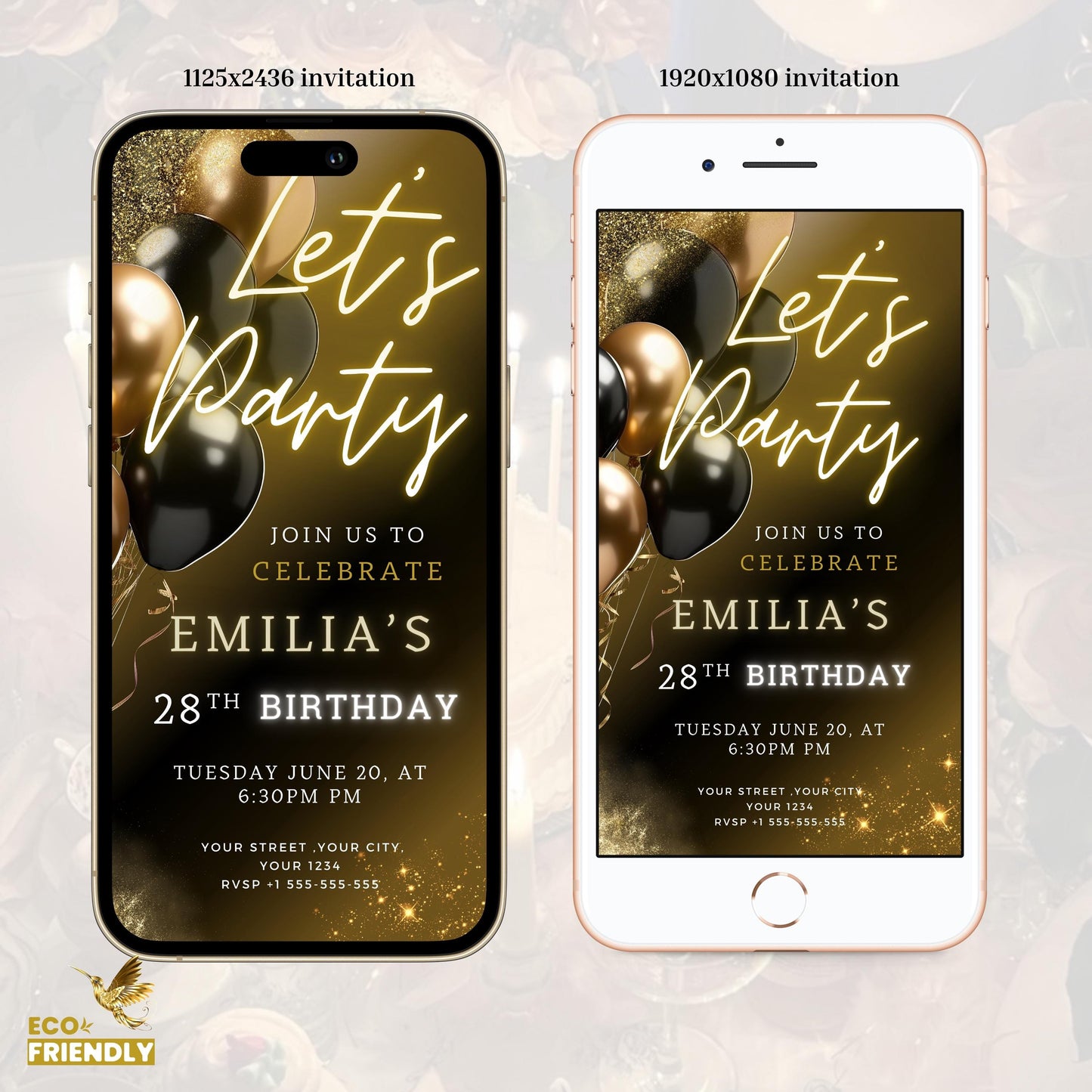 Digital Black Gold Birthday Party Invitation, Black Gold Glitter Editable Template, Any Age Evite Instant Download, Phone Birthday Evite