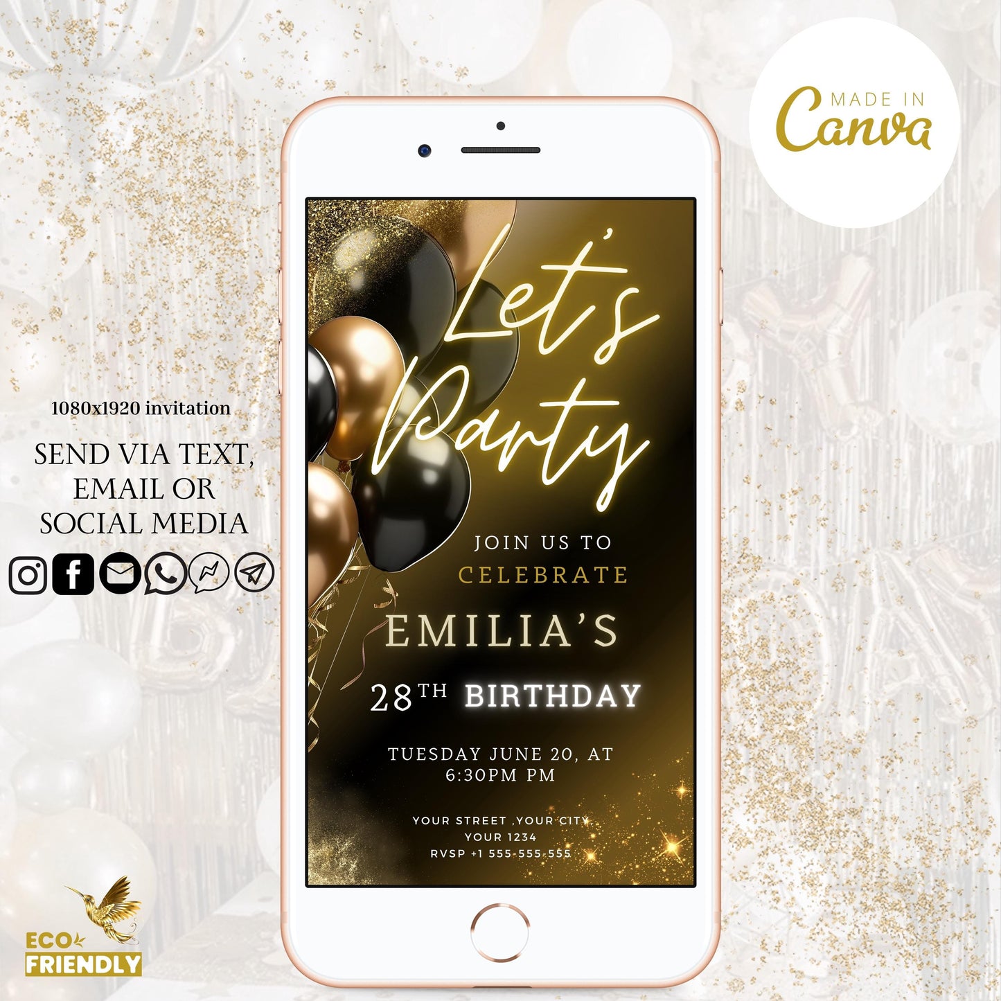 Digital Black Gold Birthday Party Invitation, Black Gold Glitter Editable Template, Any Age Evite Instant Download, Phone Birthday Evite