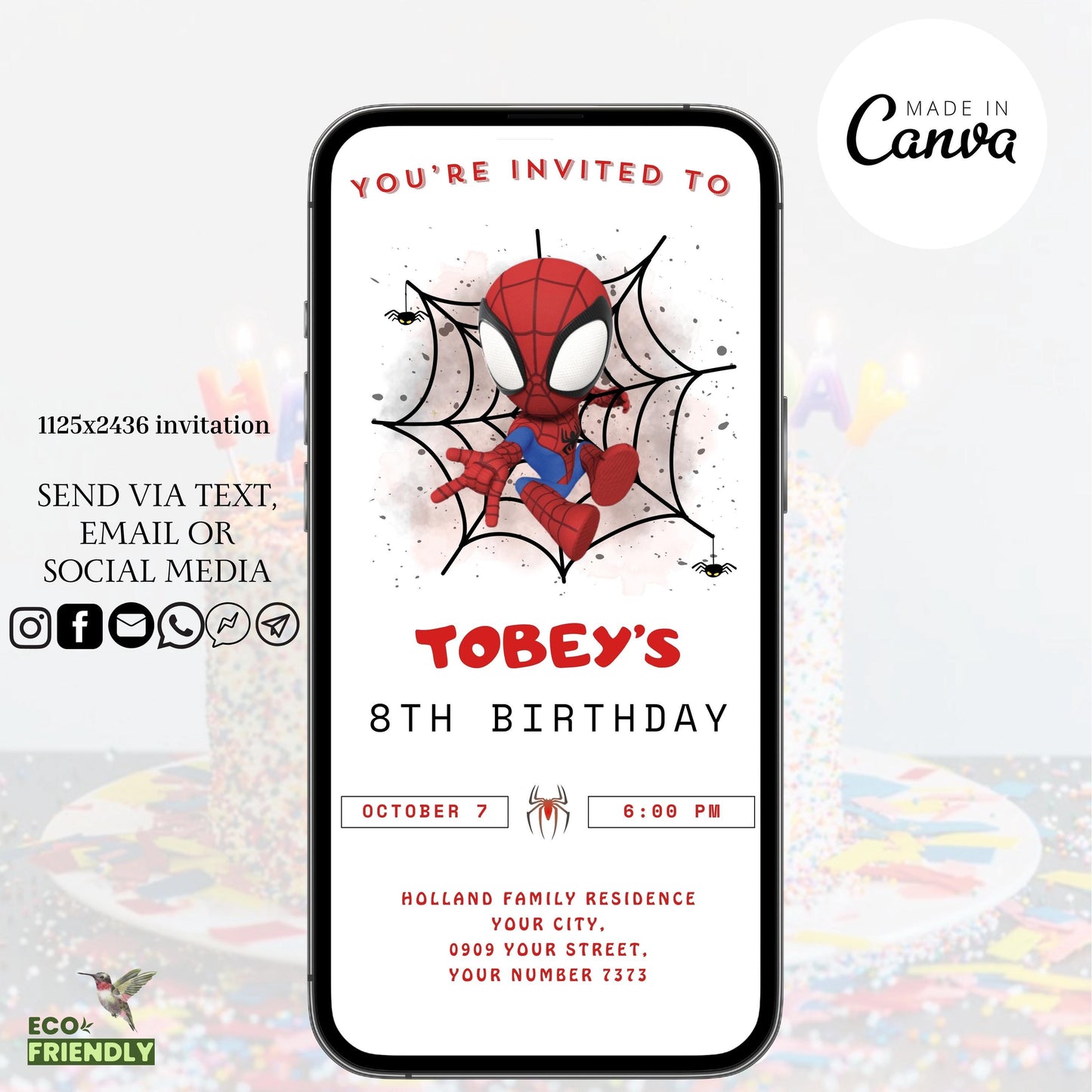 Spider man Invitation Template, Digital Kids Spidey Birthday Party Invitation, Editable Spiderman Birthday, Electronic Phone Birthday Invite