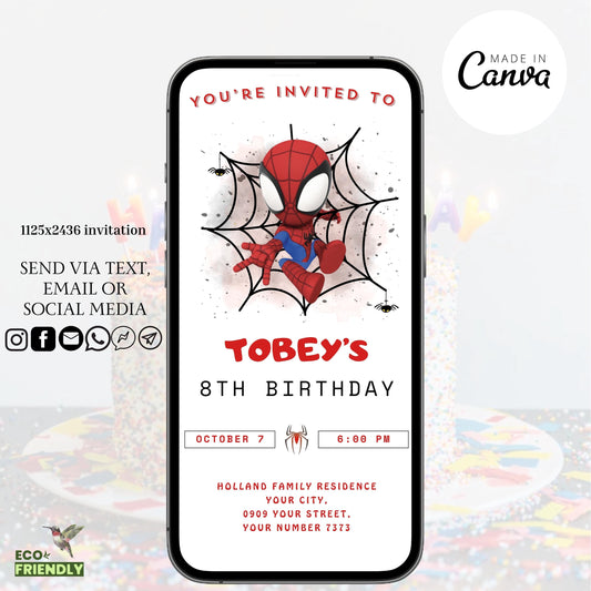 Spider man Invitation Template, Digital Kids Spidey Birthday Party Invitation, Editable Spiderman Birthday, Electronic Phone Birthday Invite