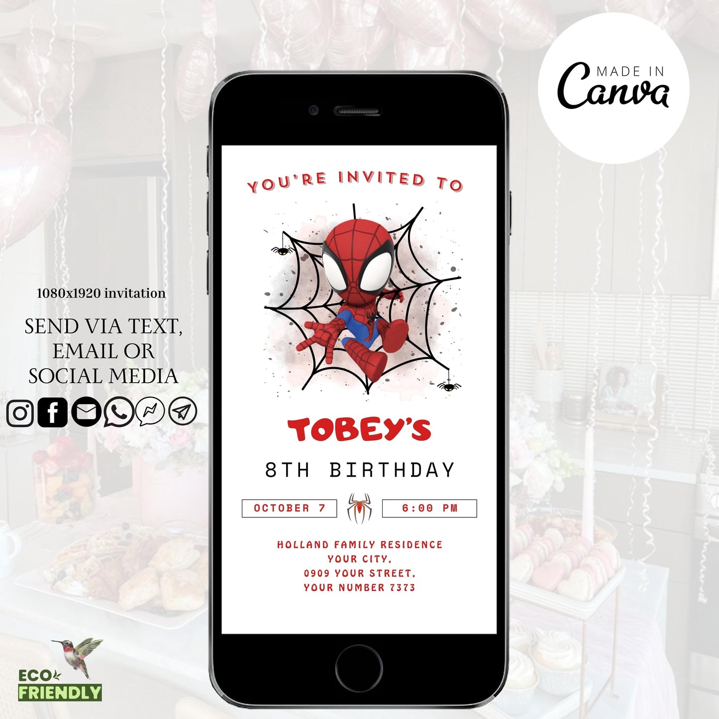 Spider man Invitation Template, Digital Kids Spidey Birthday Party Invitation, Editable Spiderman Birthday, Electronic Phone Birthday Invite