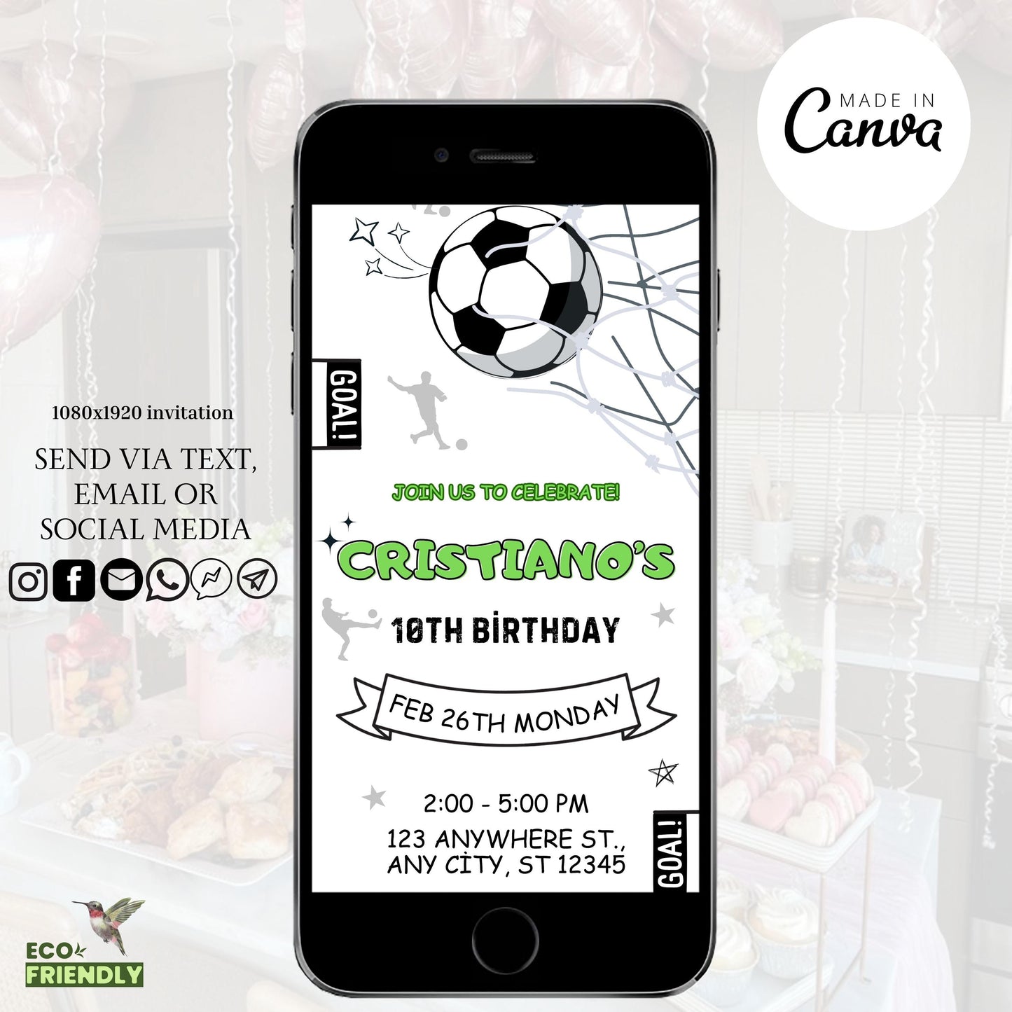 Soccer Invitation Template, Digital Football Birthday Party Invitation, Editable Soccer Birthday, Electronic Kids Phone Birthday Invite