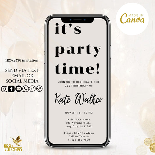 It's Party Time E-Invite, Electronic Simple Invitation Template, Any Event Text Message Invitation, Digital Invite, Mobile Phone Sms Evite