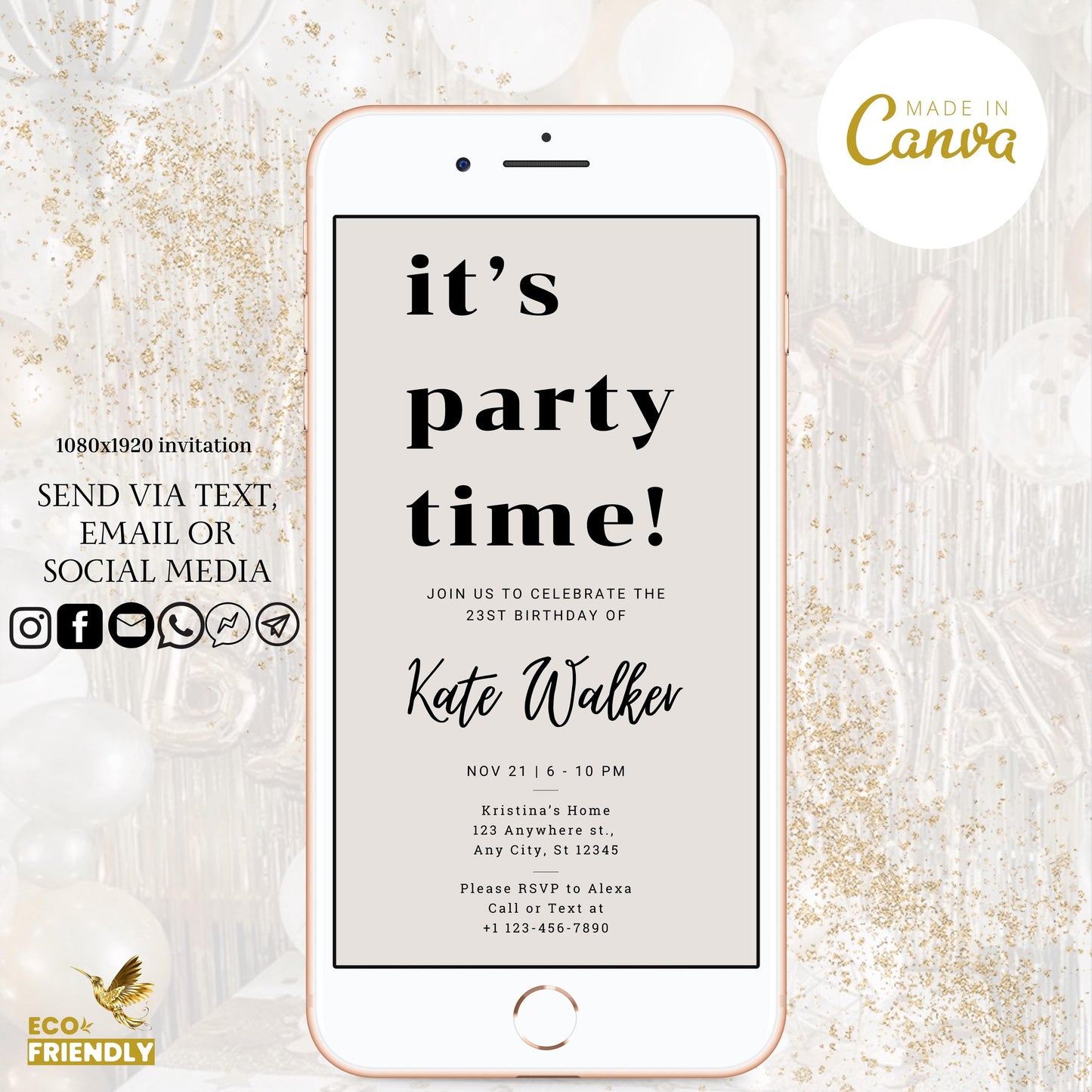 It's Party Time E-Invite, Electronic Simple Invitation Template, Any Event Text Message Invitation, Digital Invite, Mobile Phone Sms Evite