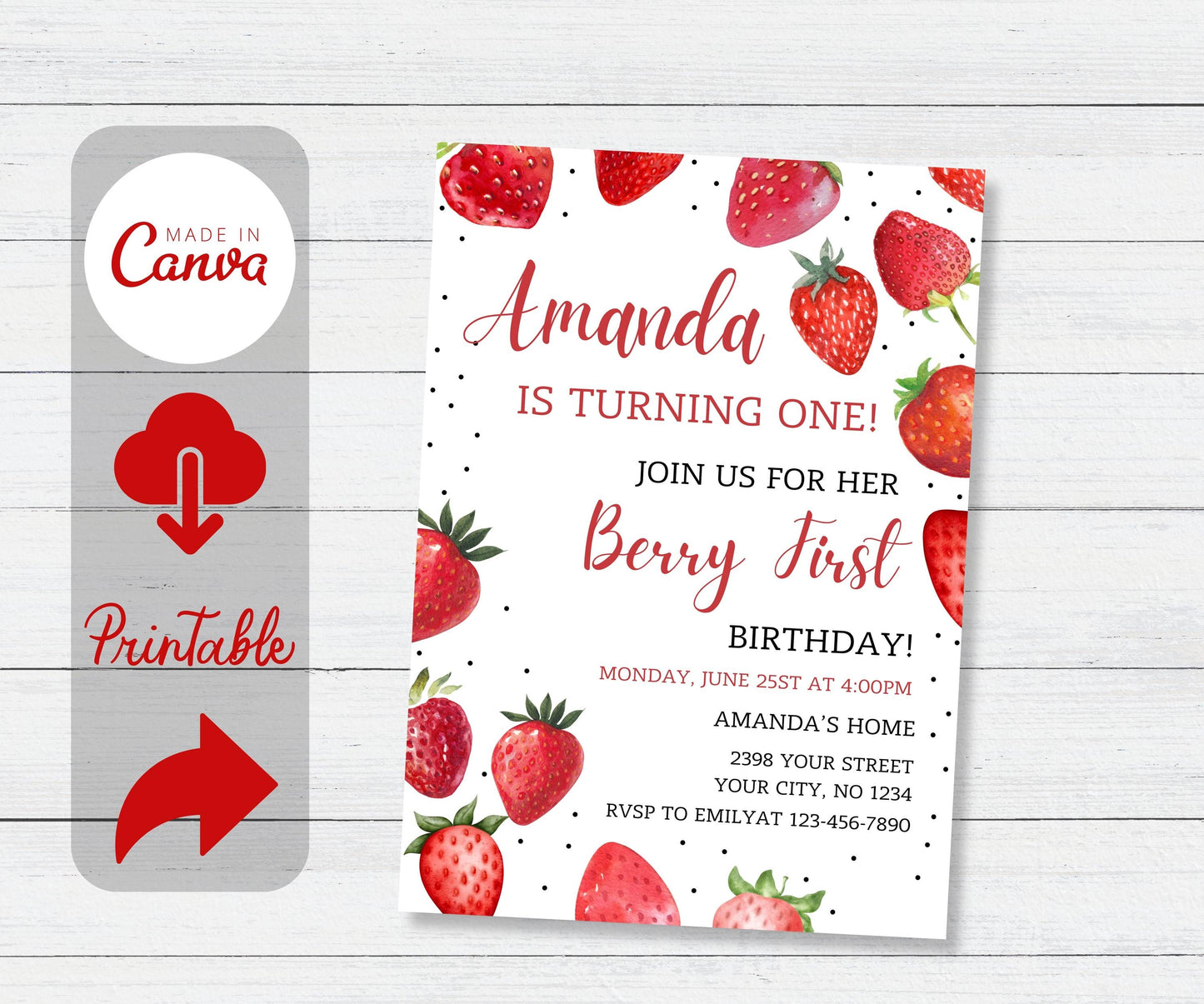 Berry First Birthday Invitation Template, Berry First Birthday Invitation, Berry First Birthday Invitation, Canva Editable