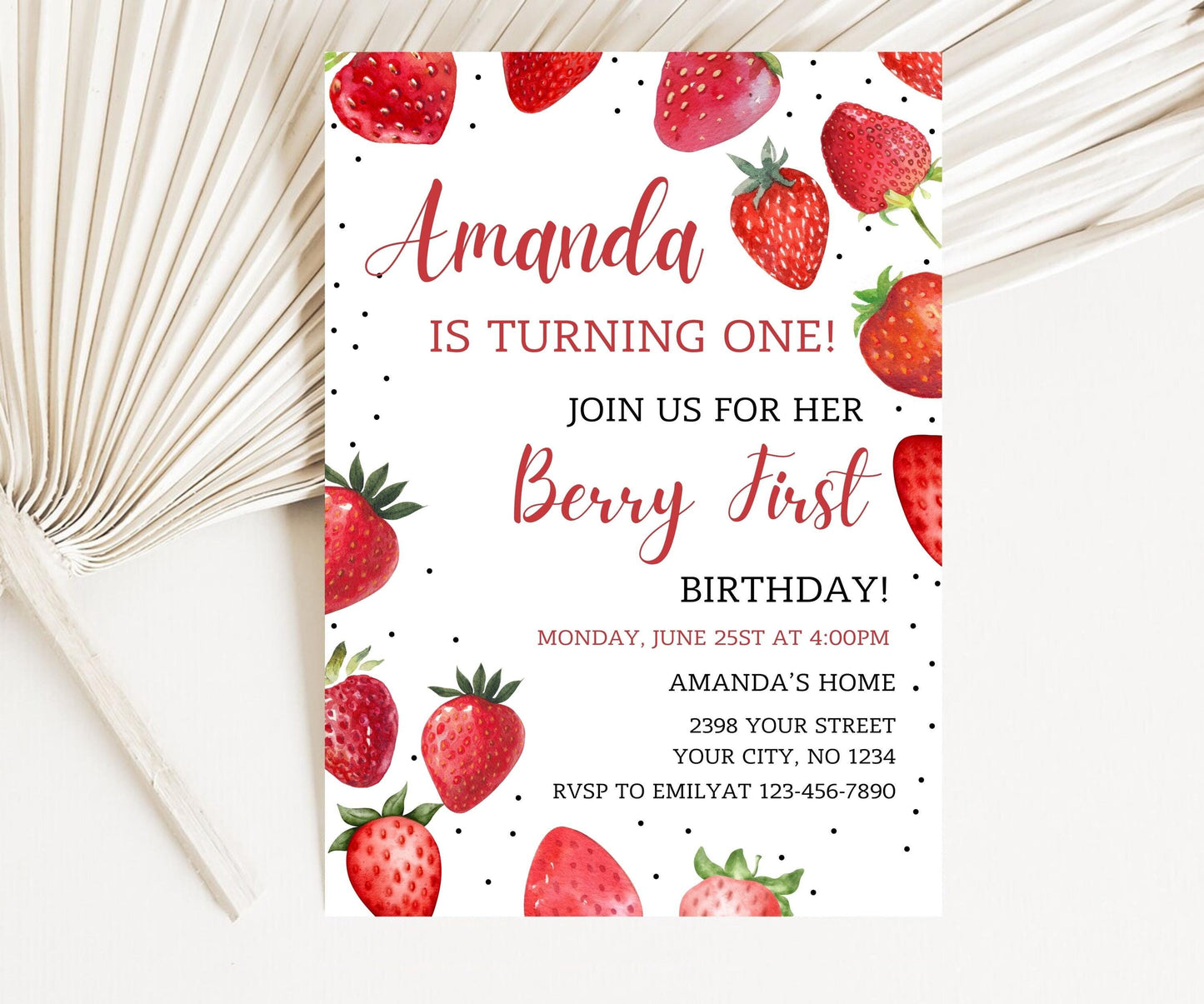 Berry First Birthday Invitation Template, Berry First Birthday Invitation, Berry First Birthday Invitation, Canva Editable