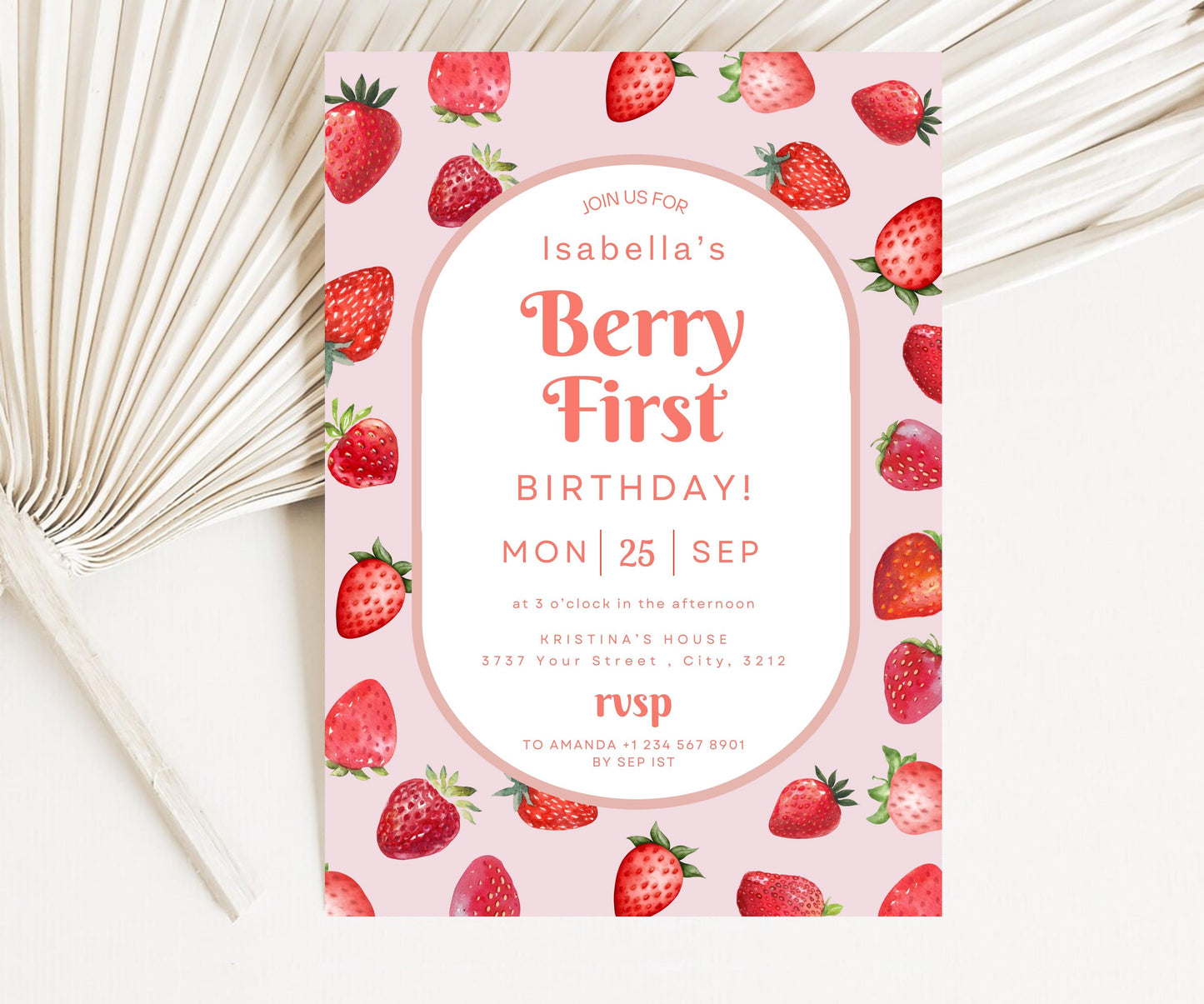 Berry First Birthday Invitation, Strawberry Birthday Invitation, Pink Strawberry Party Invite, 1st Birthday Girl, Berry Sweet First Birthday