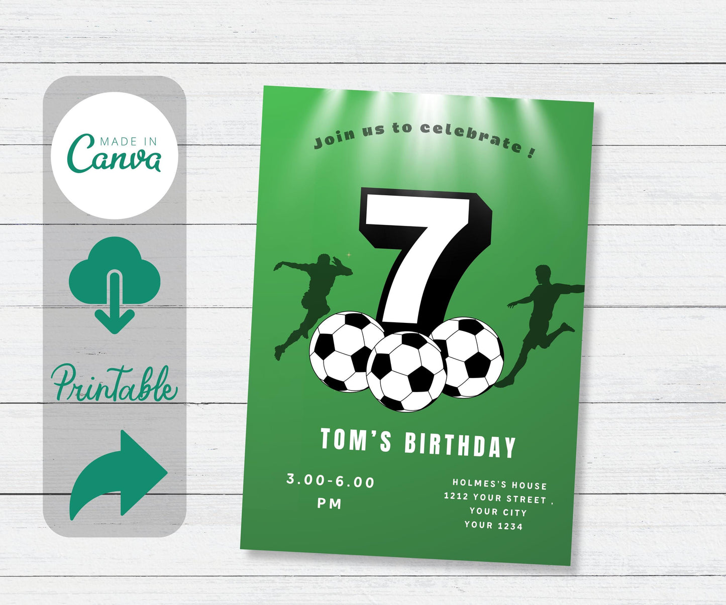 Editable football Soccer player Birthday Invitation Template, Printable Birthday Party Invitations, Digital Kids Party Invite, 5x7, Canva