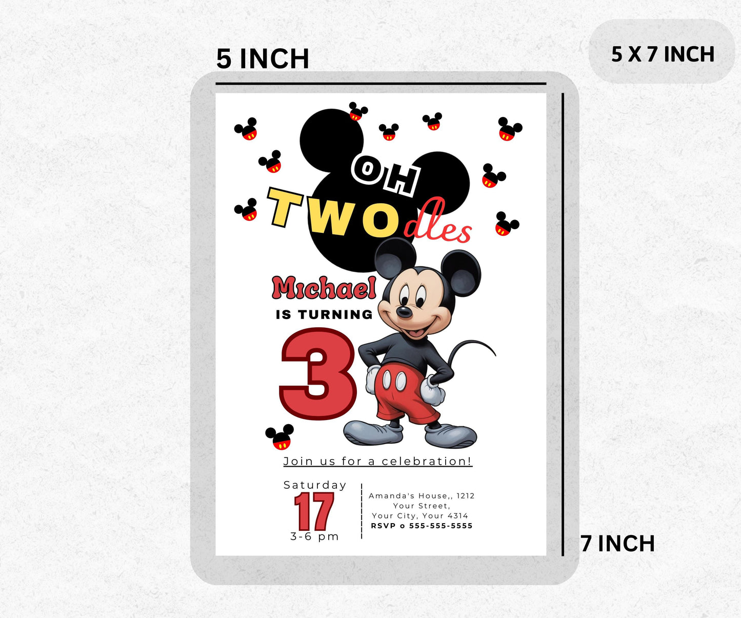 Mickey Birthday Invitation, First Birthday, Oh Twodles Birthday Card, Digital Invitation, Cute Mouse Cartoon, Digital Editable Template