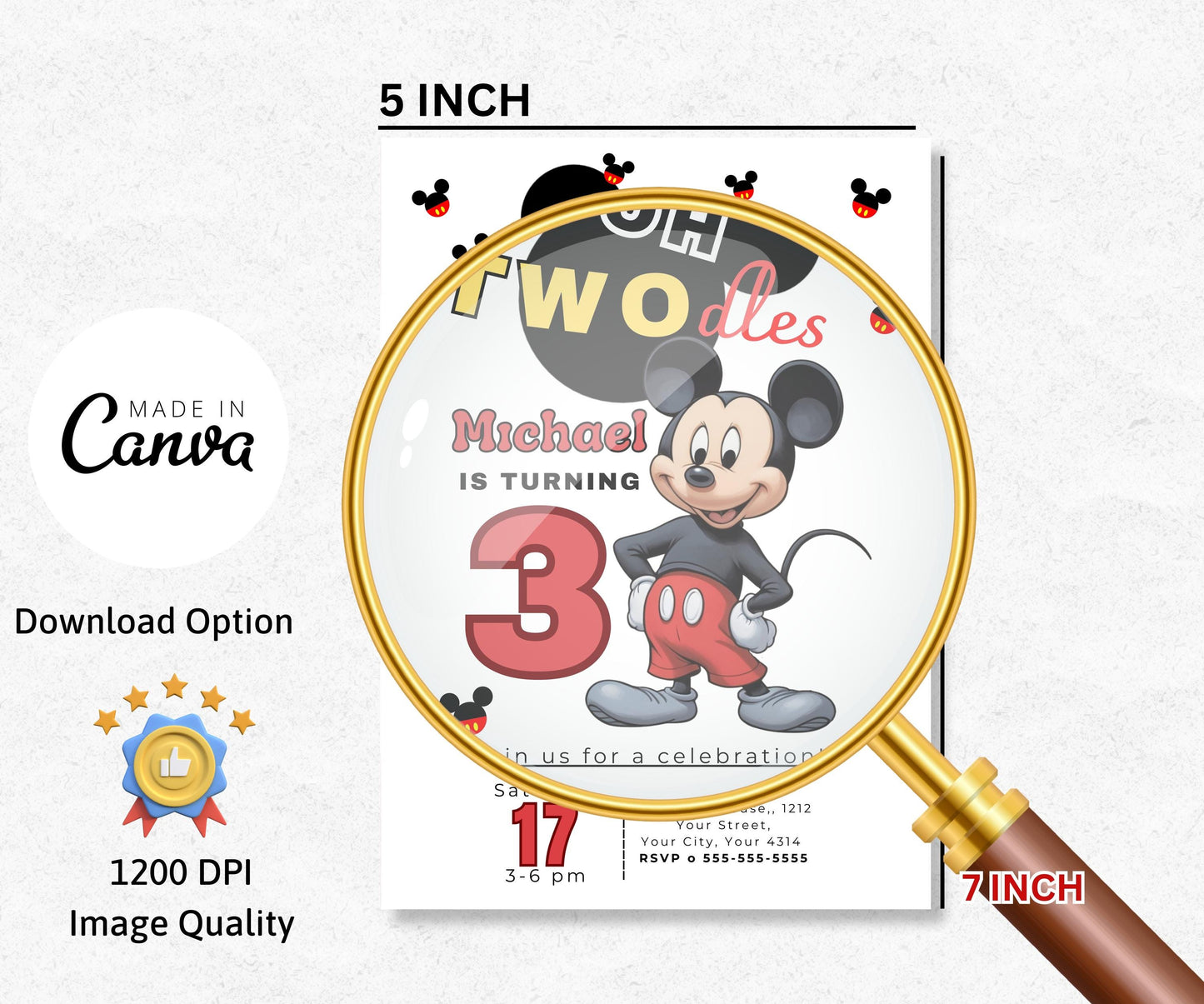 Mickey Birthday Invitation, First Birthday, Oh Twodles Birthday Card, Digital Invitation, Cute Mouse Cartoon, Digital Editable Template