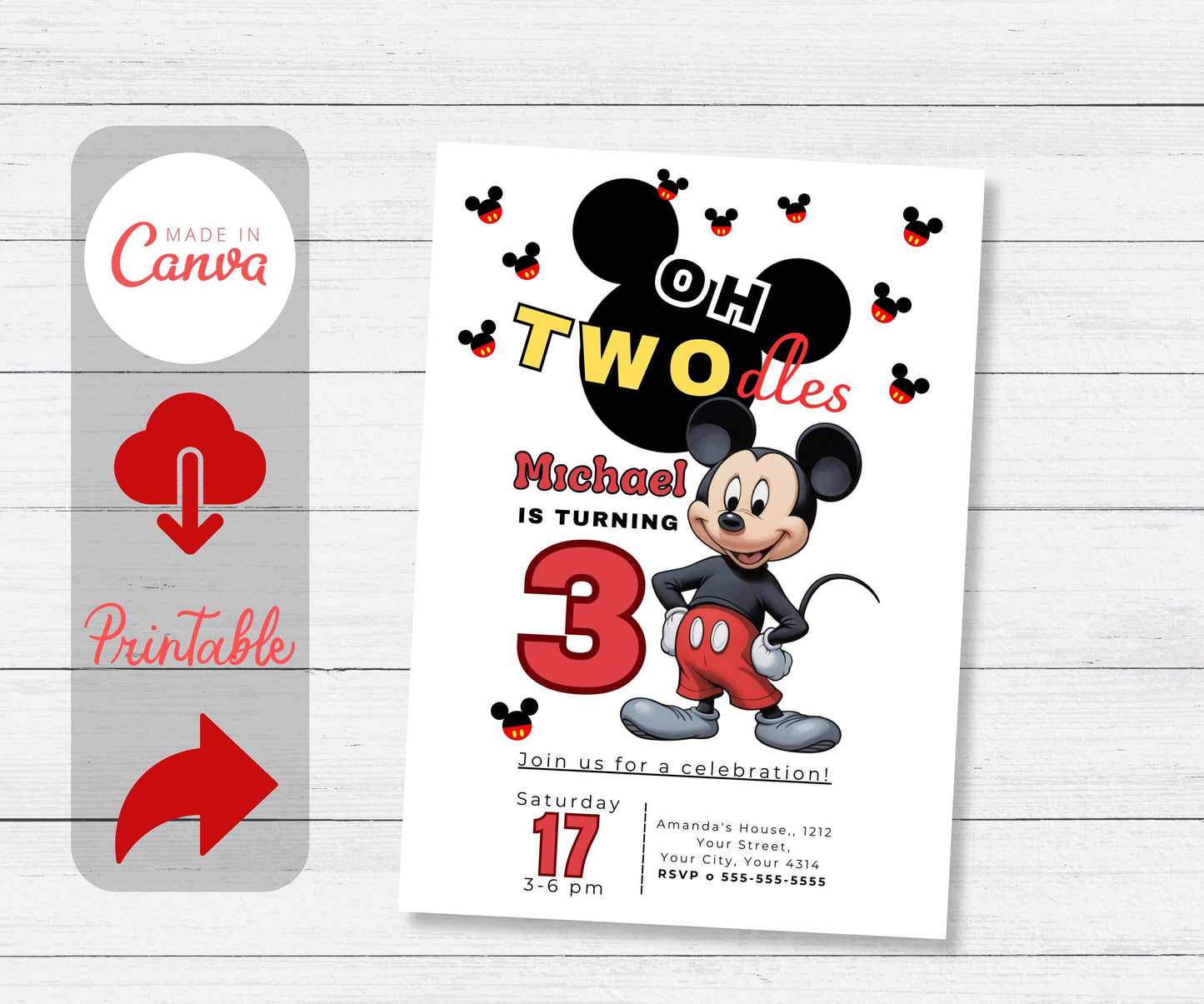 Mickey Birthday Invitation, First Birthday, Oh Twodles Birthday Card, Digital Invitation, Cute Mouse Cartoon, Digital Editable Template