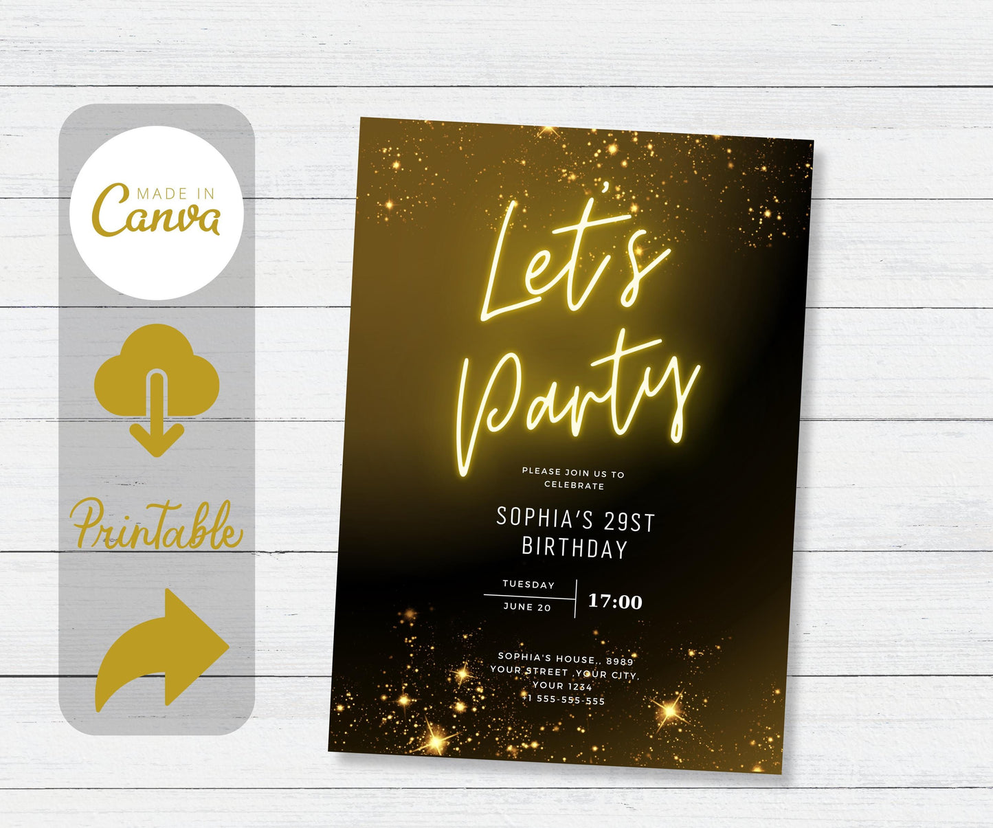 Editable Neon Gold Light Digital Party Template, Printable Birthday Neon Gold Birthday Invitation, Black Gold Neon Invitation Template