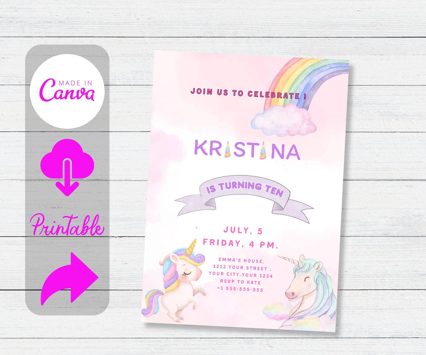 RAINBOW UNICORN Birthday Invitation Editable Magical Unicorn Party Invite Pastel Rainbow Unicorn Birthday Download Whimsical Unicorn