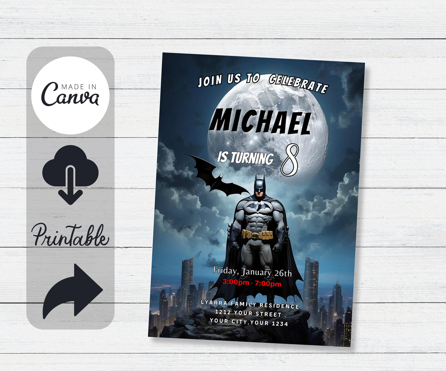 Superheroes Birthday Invitation, Bat Guy Birthday party, Hero printable invitation, phone invitation, invitation card, BAT SUPERHERO Invite