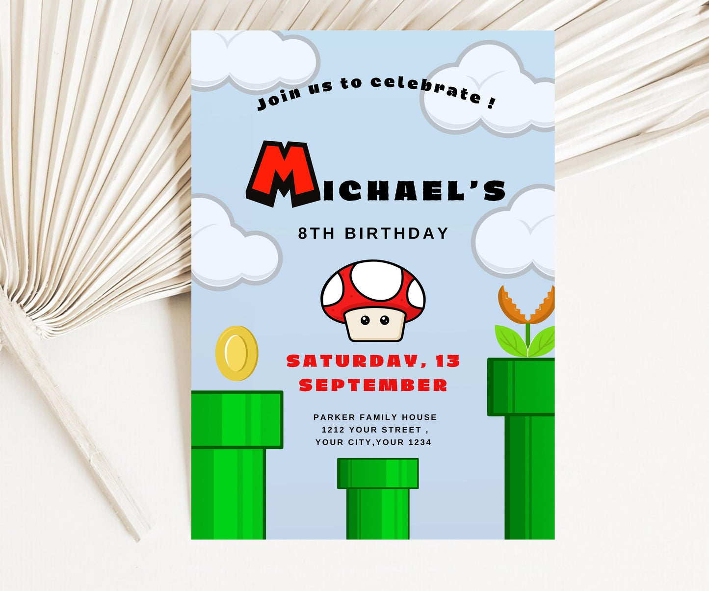 Mario Bros Invitation, Super Mario Birthday Invitation, Super Brothers boy Invite, Video Game, Kid Invite, Editable Template, Editable Canva