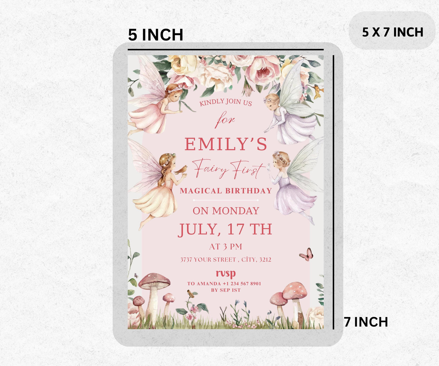 Fairy First Birthday Invitation Template, Pink Fairy Invite Template, Printable Fairy Invitation, Cute Fairy Canva Template, First Birthday