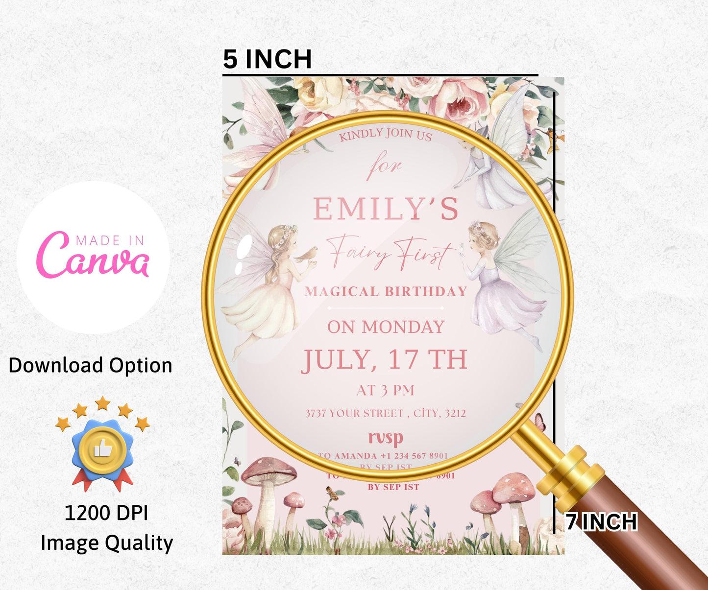 Fairy First Birthday Invitation Template, Pink Fairy Invite Template, Printable Fairy Invitation, Cute Fairy Canva Template, First Birthday