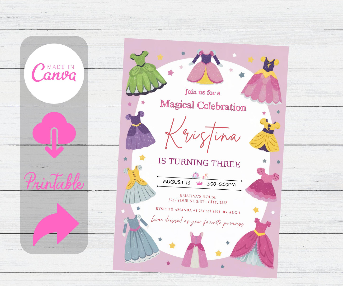 EDITABLE Princess Birthday Invitation, Princess Magical Dresses Invite, Royal Girl Pink Dress Up Party Magical Princess Birthday Invitation