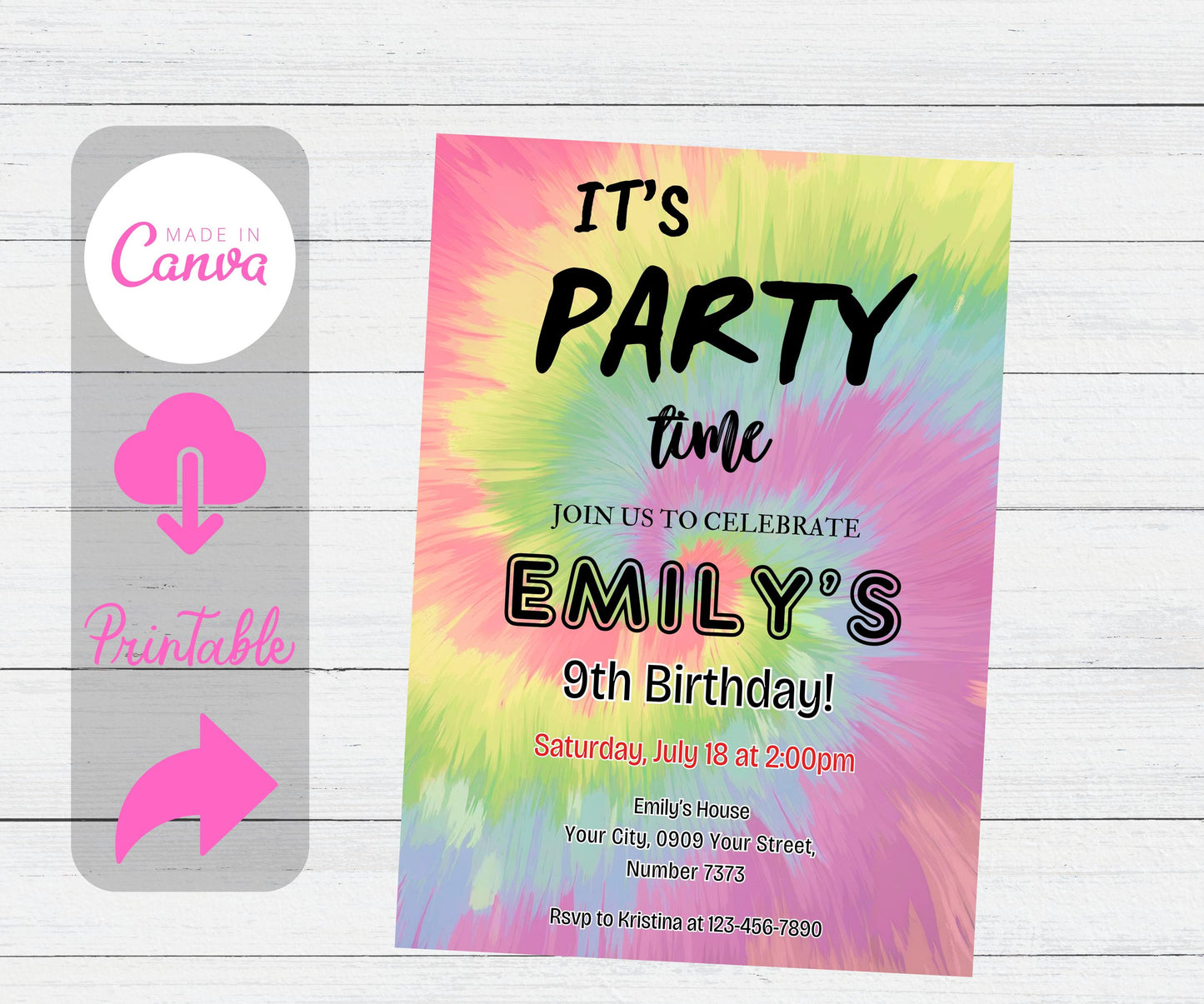 Tie Dye Birthday Invitation Tie Dye Invitation Tie-Dye Party Rainbow Girl Birthday Invite Pink EDITABLE Instant Digital Printable