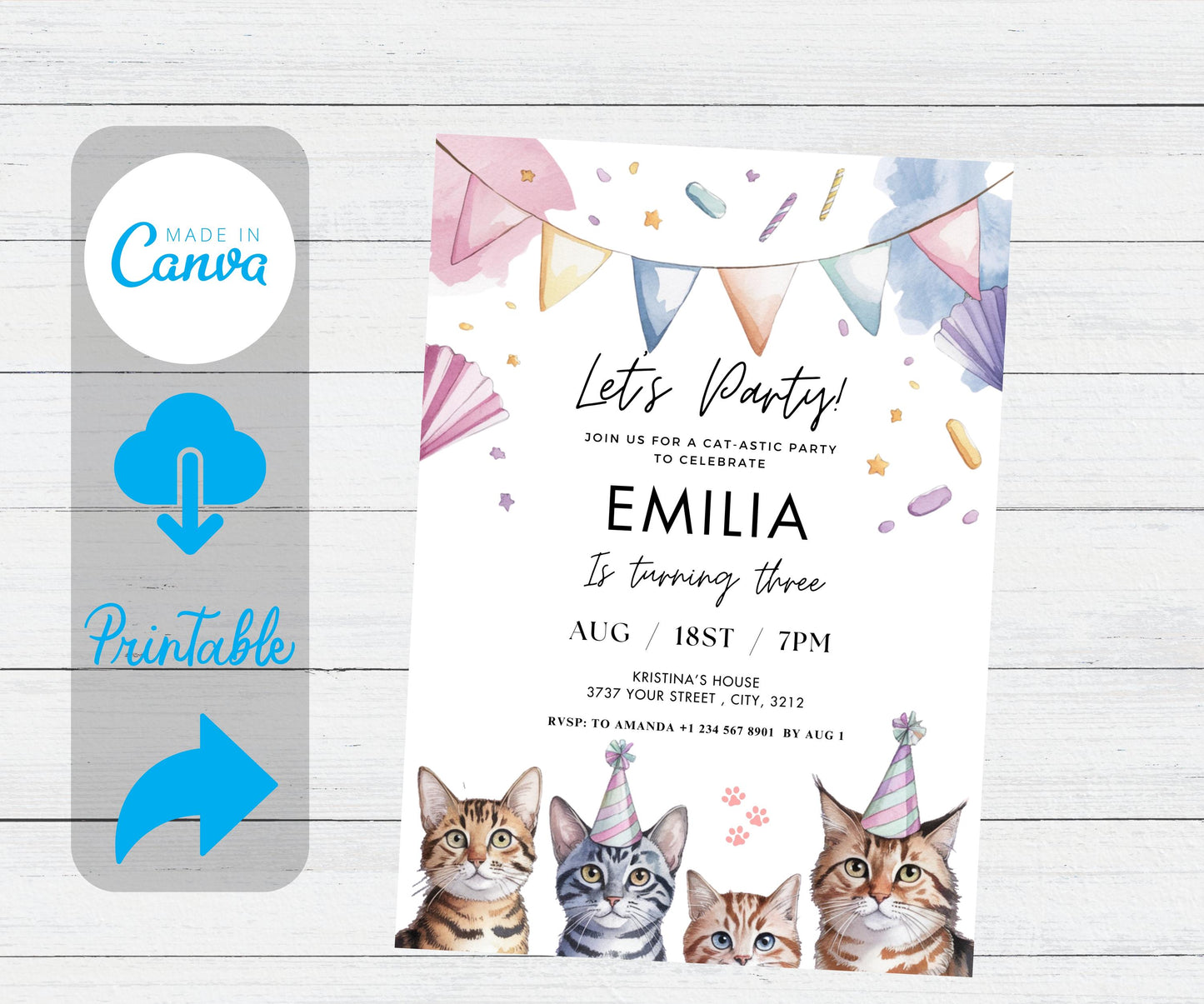 Cat Birthday Invitation Kitty Birthday Invitation, EDITABLE Kitty Cat Birthday Invite, Kitten Party Invite Blue Pink Kitty Cat Invitation