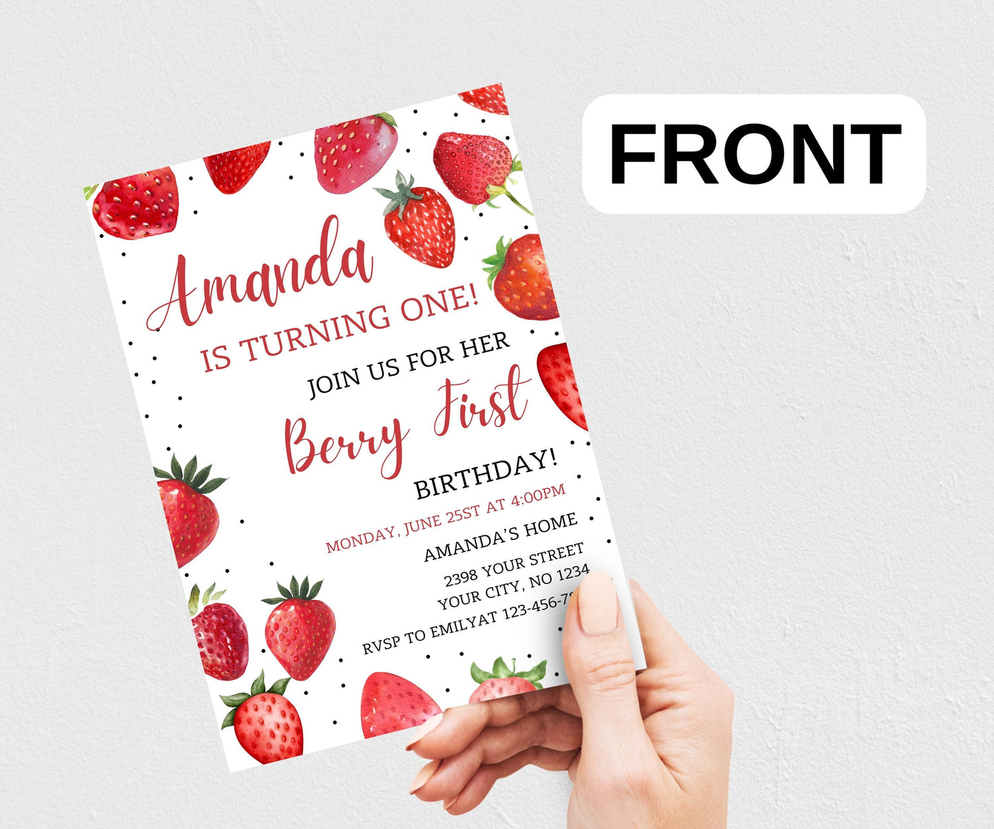 Berry First Birthday Invitation Template, Berry First Birthday Invitation, Berry First Birthday Invitation, Canva Editable