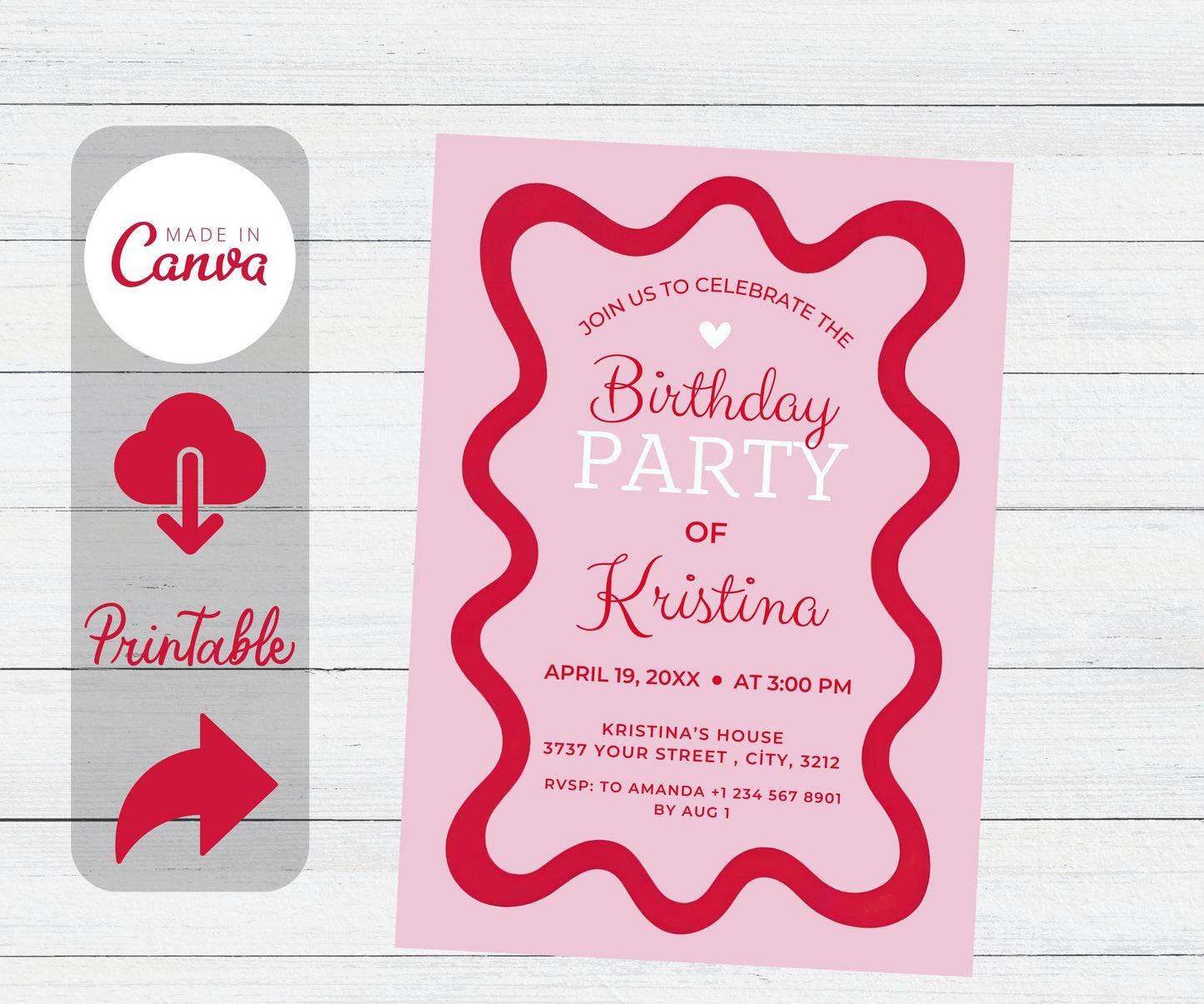 Modern Pink and Red Wavy Frame Editable Retro 70s Birthday Invitation - Digital Template for Kids or Adults Party