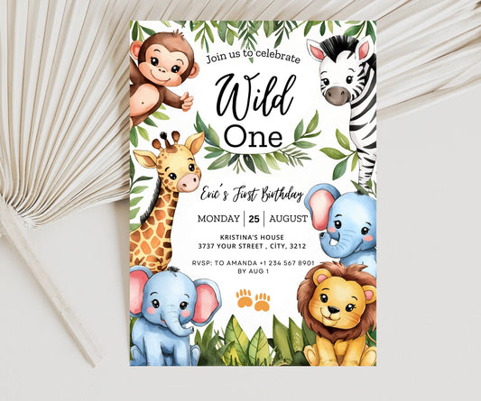 EDITABLE Safari Birthday Invitation, Wild One 1st Birthday Invite, Safari Jungle Animals invitations, Wild One 1St template Instant Download