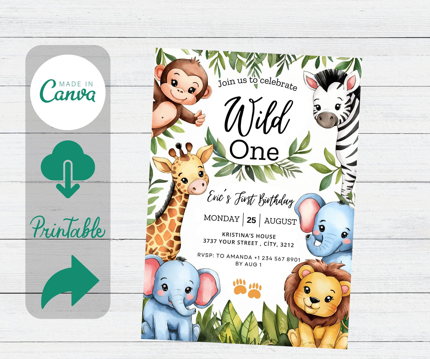 EDITABLE Safari Birthday Invitation, Wild One 1st Birthday Invite, Safari Jungle Animals invitations, Wild One 1St template Instant Download