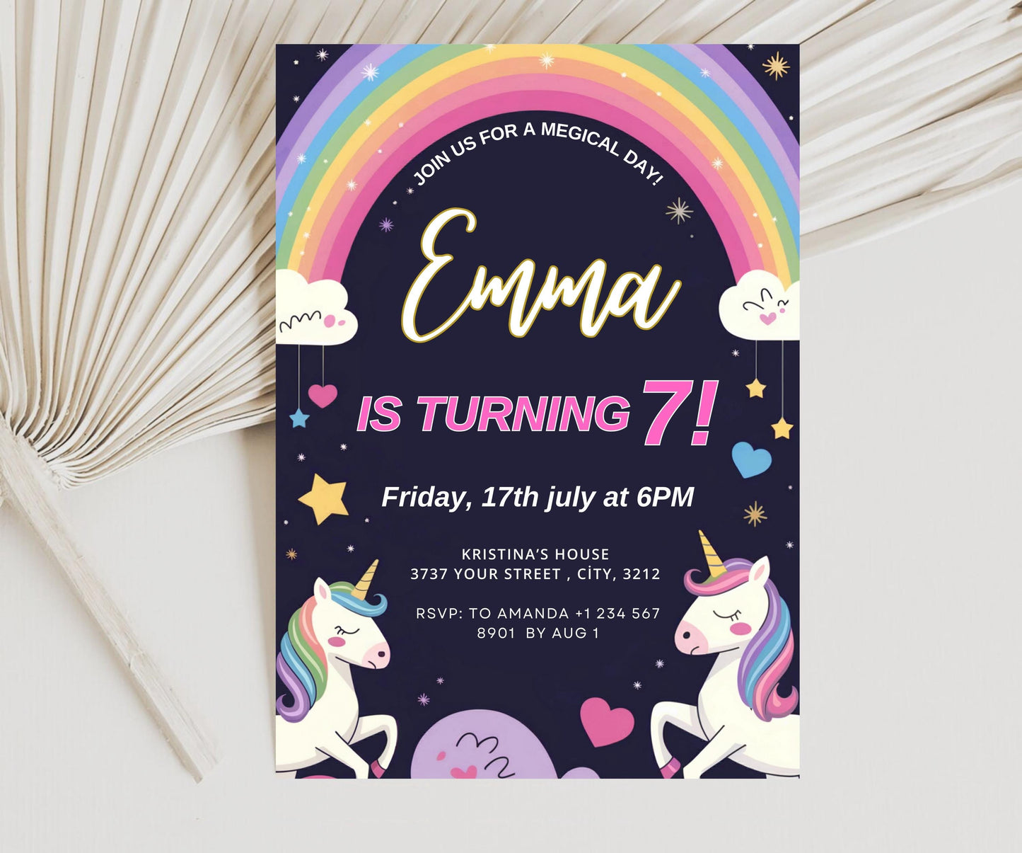 Editable Unicorn girl’s birthday pink Party Invitation Template, Rainbow Sparkles Invite, Magical Unicorn invite, Pastel Invitation