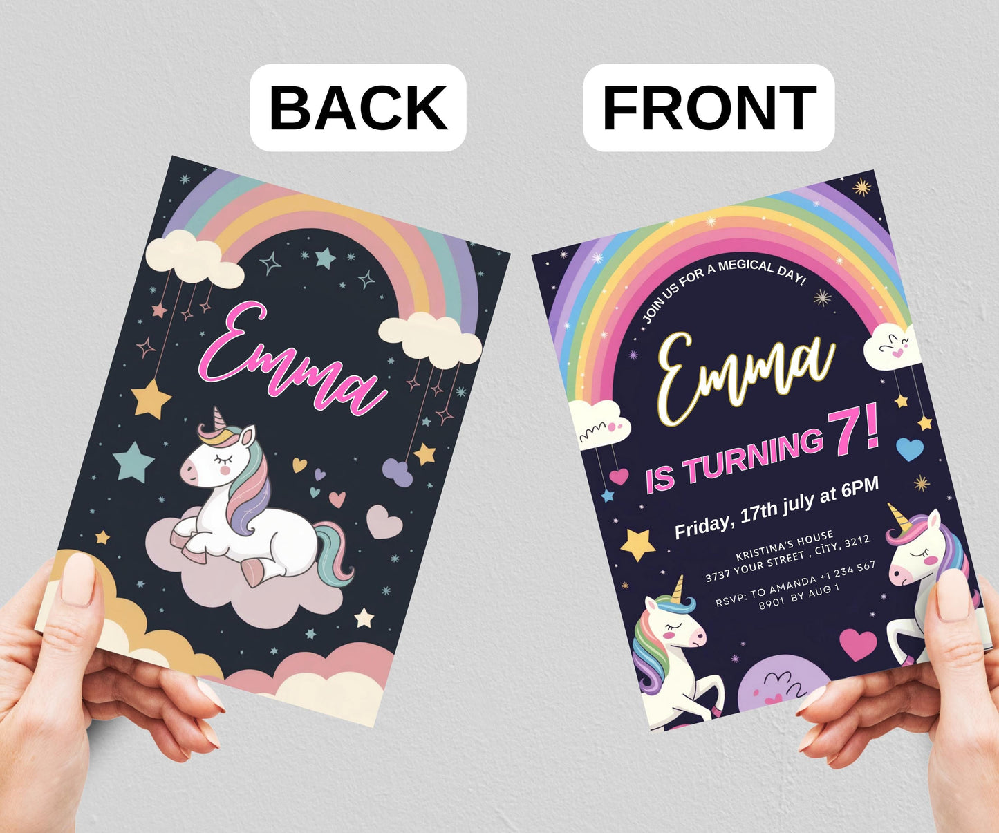 Editable Unicorn girl’s birthday pink Party Invitation Template, Rainbow Sparkles Invite, Magical Unicorn invite, Pastel Invitation