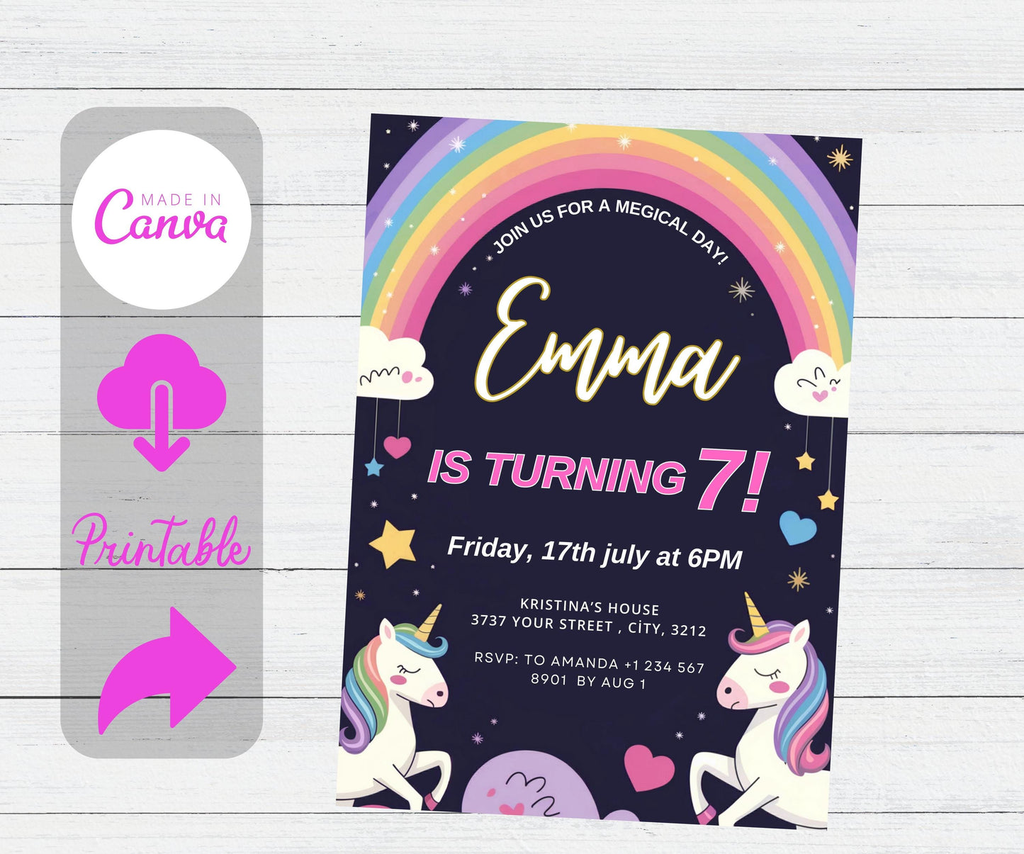 Editable Unicorn girl’s birthday pink Party Invitation Template, Rainbow Sparkles Invite, Magical Unicorn invite, Pastel Invitation