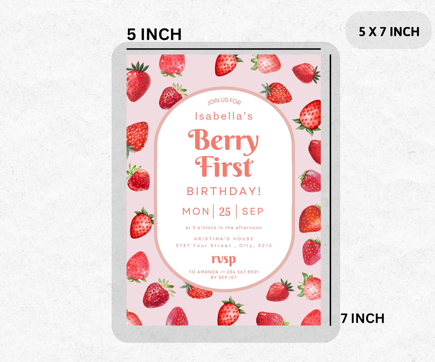 Berry First Birthday Invitation, Strawberry Birthday Invitation, Pink Strawberry Party Invite, 1st Birthday Girl, Berry Sweet First Birthday