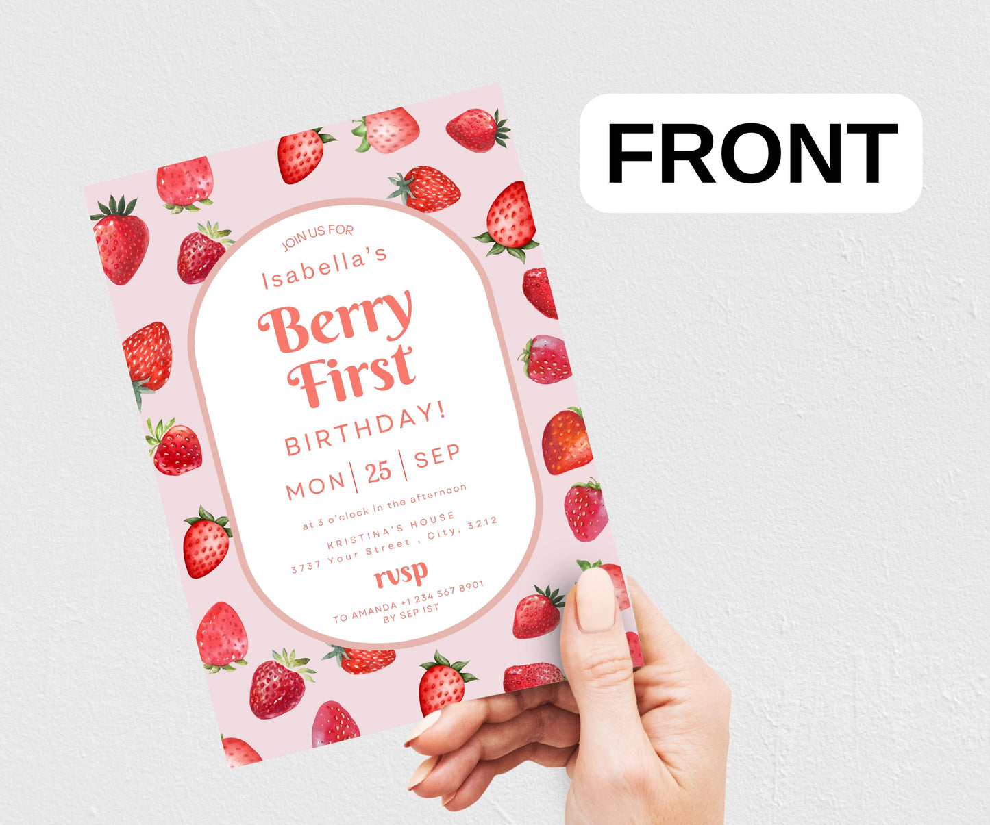 Berry First Birthday Invitation, Strawberry Birthday Invitation, Pink Strawberry Party Invite, 1st Birthday Girl, Berry Sweet First Birthday