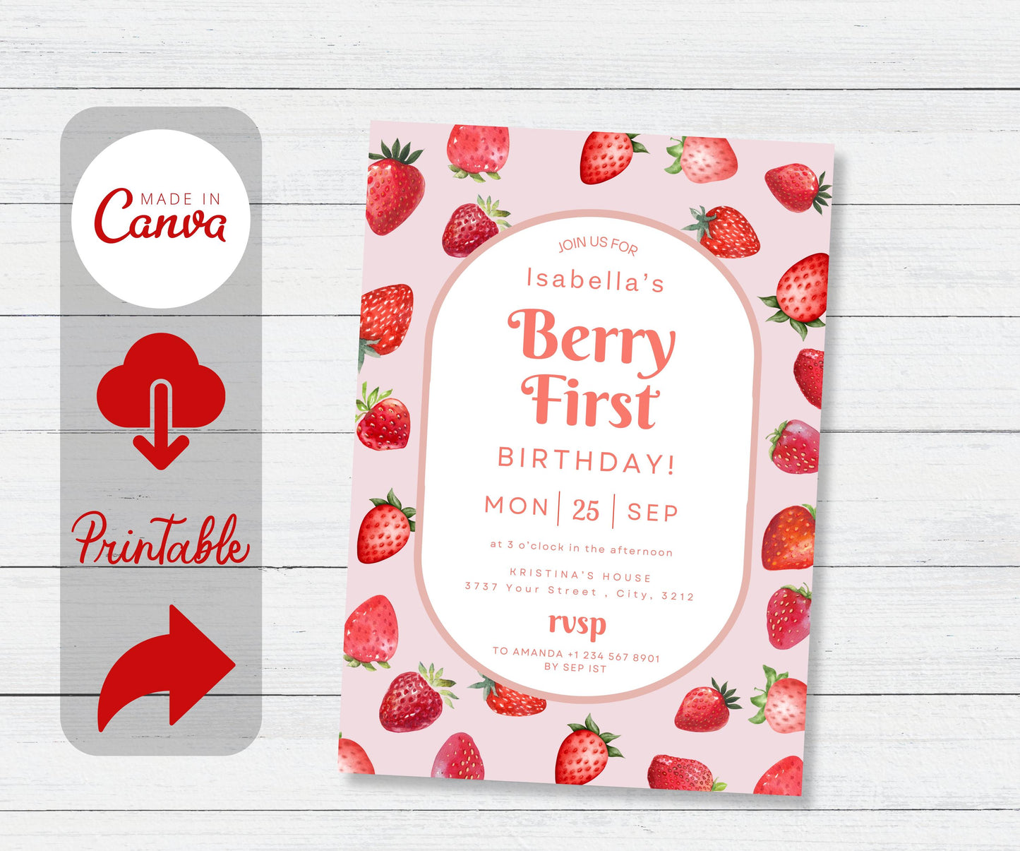 Berry First Birthday Invitation, Strawberry Birthday Invitation, Pink Strawberry Party Invite, 1st Birthday Girl, Berry Sweet First Birthday