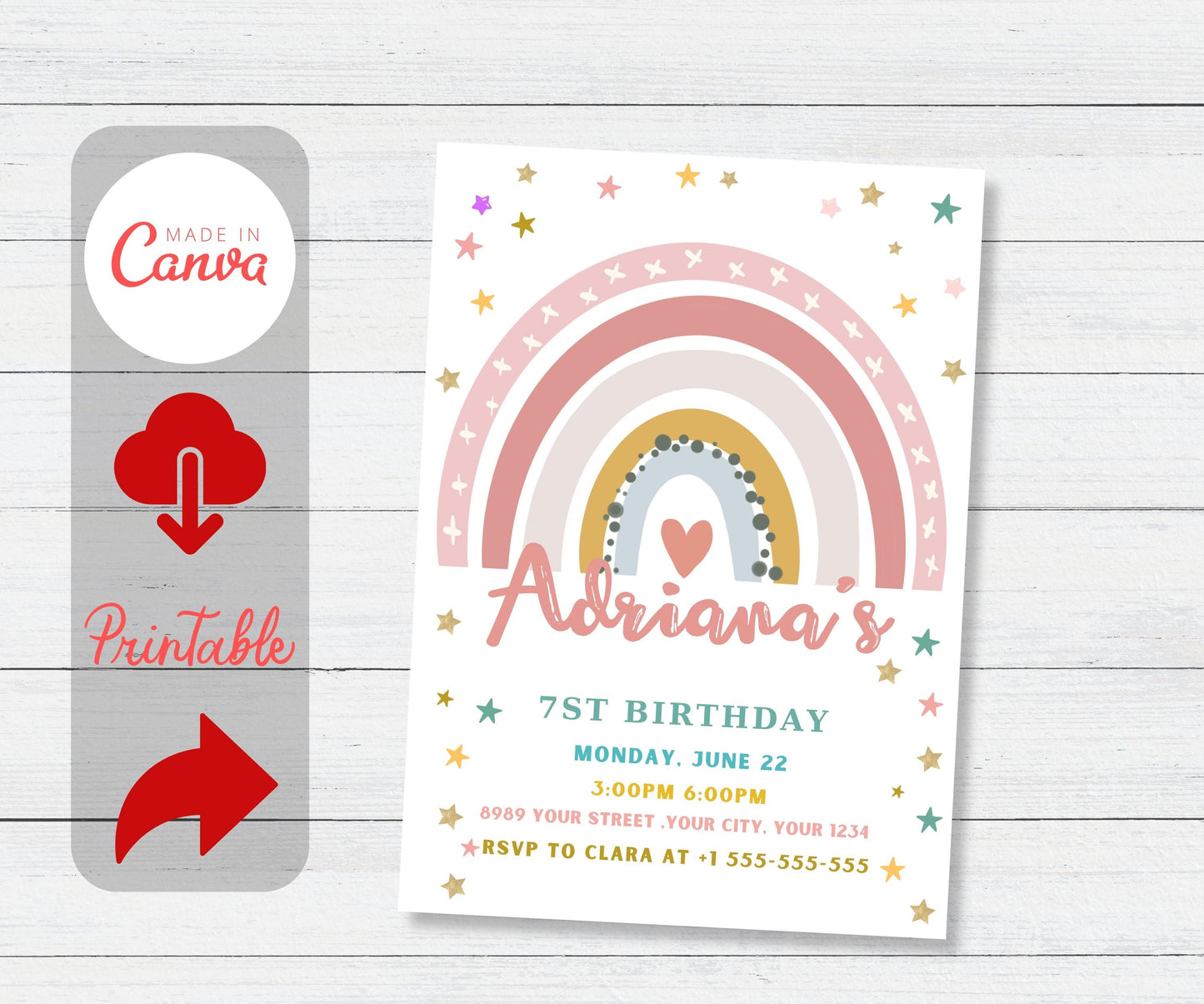 Editable Boho Rainbow Birthday Invitation Boho Rainbow Invite Pastel Birthday Girls Birthday Party Printable Instant Download