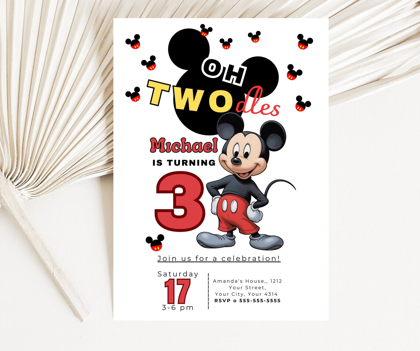 Mickey Birthday Invitation, First Birthday, Oh Twodles Birthday Card, Digital Invitation, Cute Mouse Cartoon, Digital Editable Template