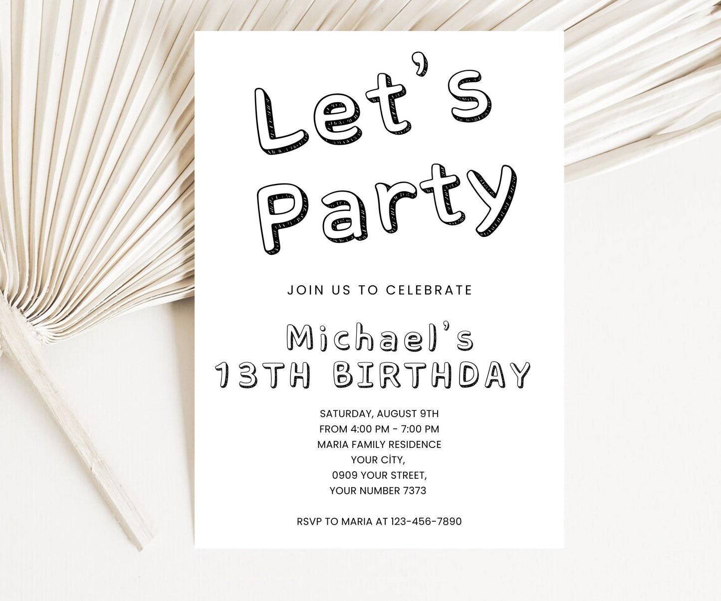 Simple Black and White Birthday Invitation Template, ANY AGE Birthday Invitation for Party Boy Kids Girls Teens Invitation, Instant Download