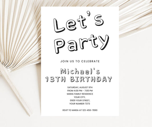 Simple Black and White Birthday Invitation Template, ANY AGE Birthday Invitation for Party Boy Kids Girls Teens Invitation, Instant Download