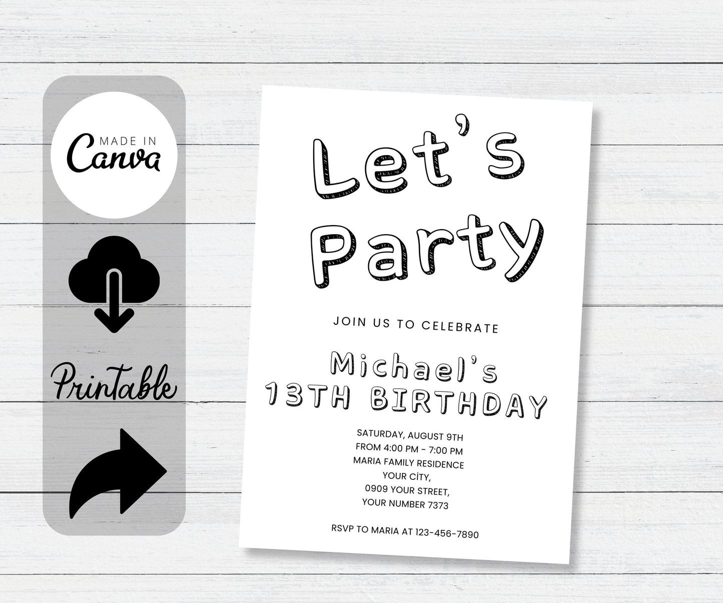 Simple Black and White Birthday Invitation Template, ANY AGE Birthday Invitation for Party Boy Kids Girls Teens Invitation, Instant Download