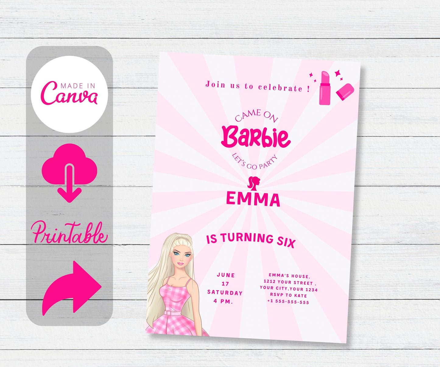 Editable Barbi Birthday Invitation template, Pink doll birthday barbi party invitation, Birthday invite template, Barbia template