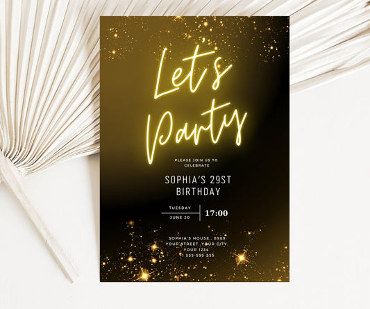 Editable Neon Gold Light Digital Party Template, Printable Birthday Neon Gold Birthday Invitation, Black Gold Neon Invitation Template