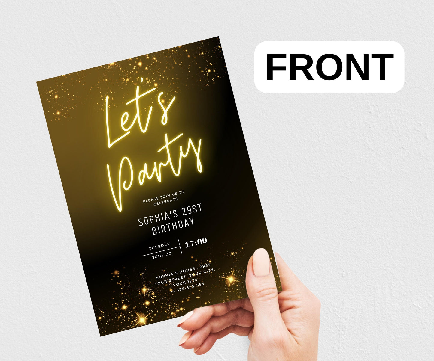 Editable Neon Gold Light Digital Party Template, Printable Birthday Neon Gold Birthday Invitation, Black Gold Neon Invitation Template