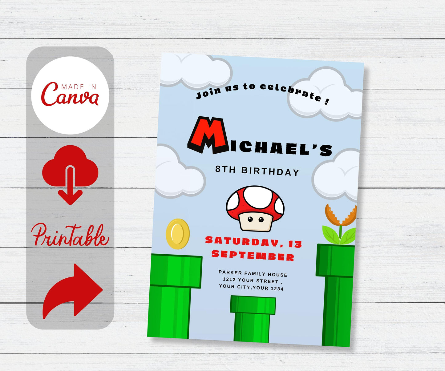 Mario Bros Invitation, Super Mario Birthday Invitation, Super Brothers boy Invite, Video Game, Kid Invite, Editable Template, Editable Canva