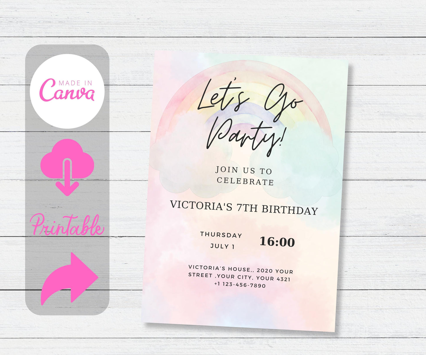 Rainbow Birthday Invitation Colorful Pastel Rainbow Party Invite Rainbow of Fun Gold Stars Sprinkle Girl Editable Printable Download