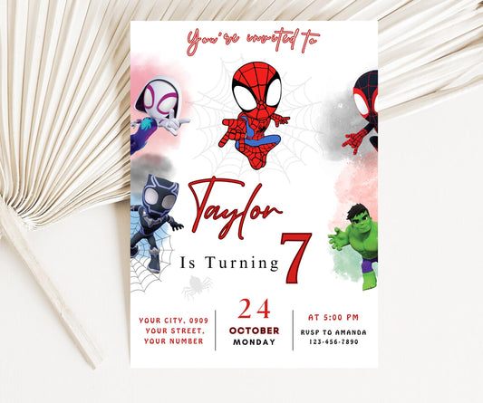 Watercolor Spidey and his Amazing Friends Birthday Party Invitation, Superhero Birthday Invite, Editable Template, Mobile Invite, Printable